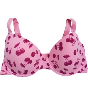 Juicy Couture Pink Cherry Print Push Up Bra 36D Logo Straps 2801-134